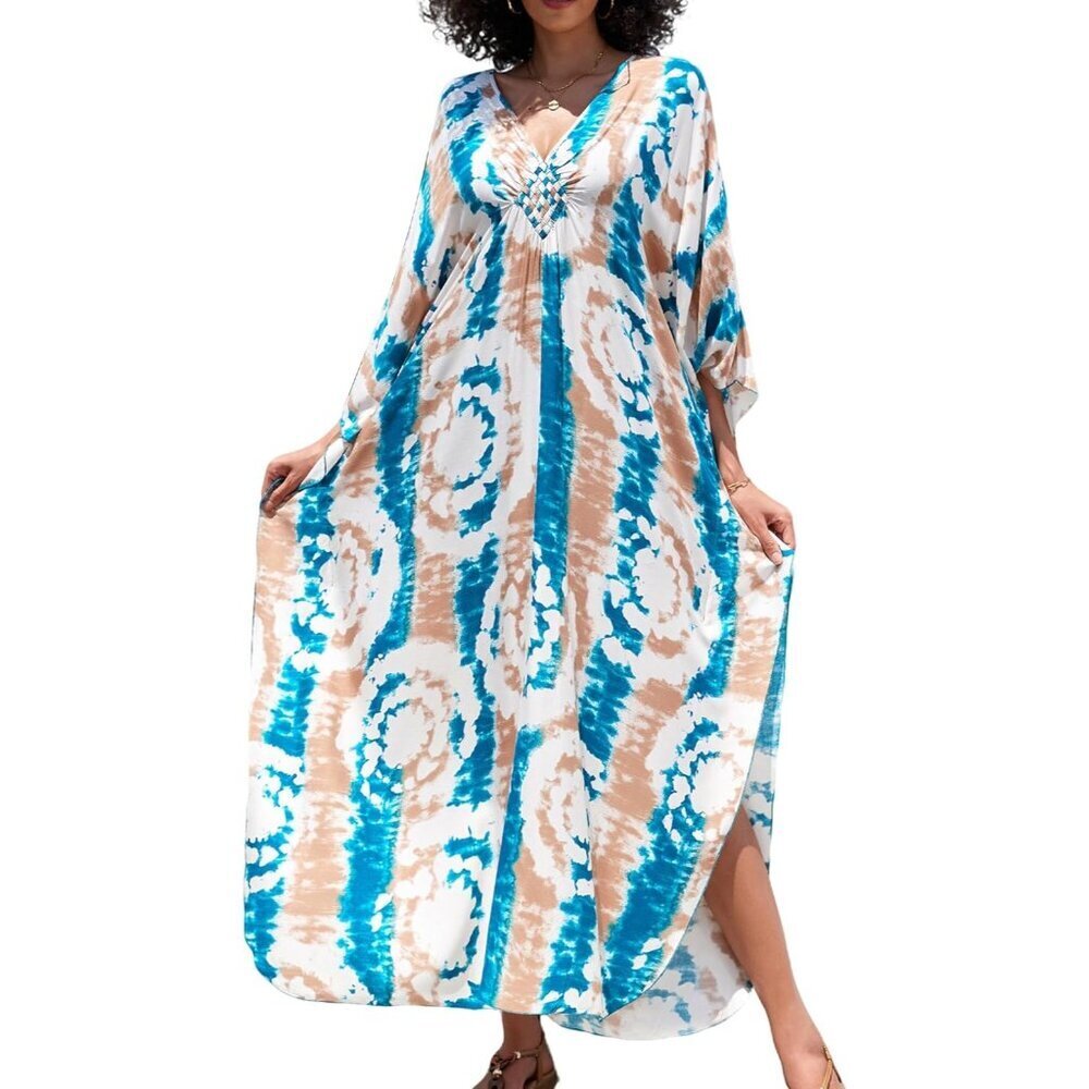Women's Blue Tie Dye V-neck Batwing Sleeve Flowy Split Hem Bohemian Kaftan Dress
